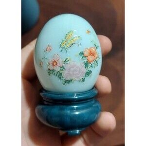 Avon Light Blue Floral Collector Egg Figurine with Blue Stand Glossy Plastic